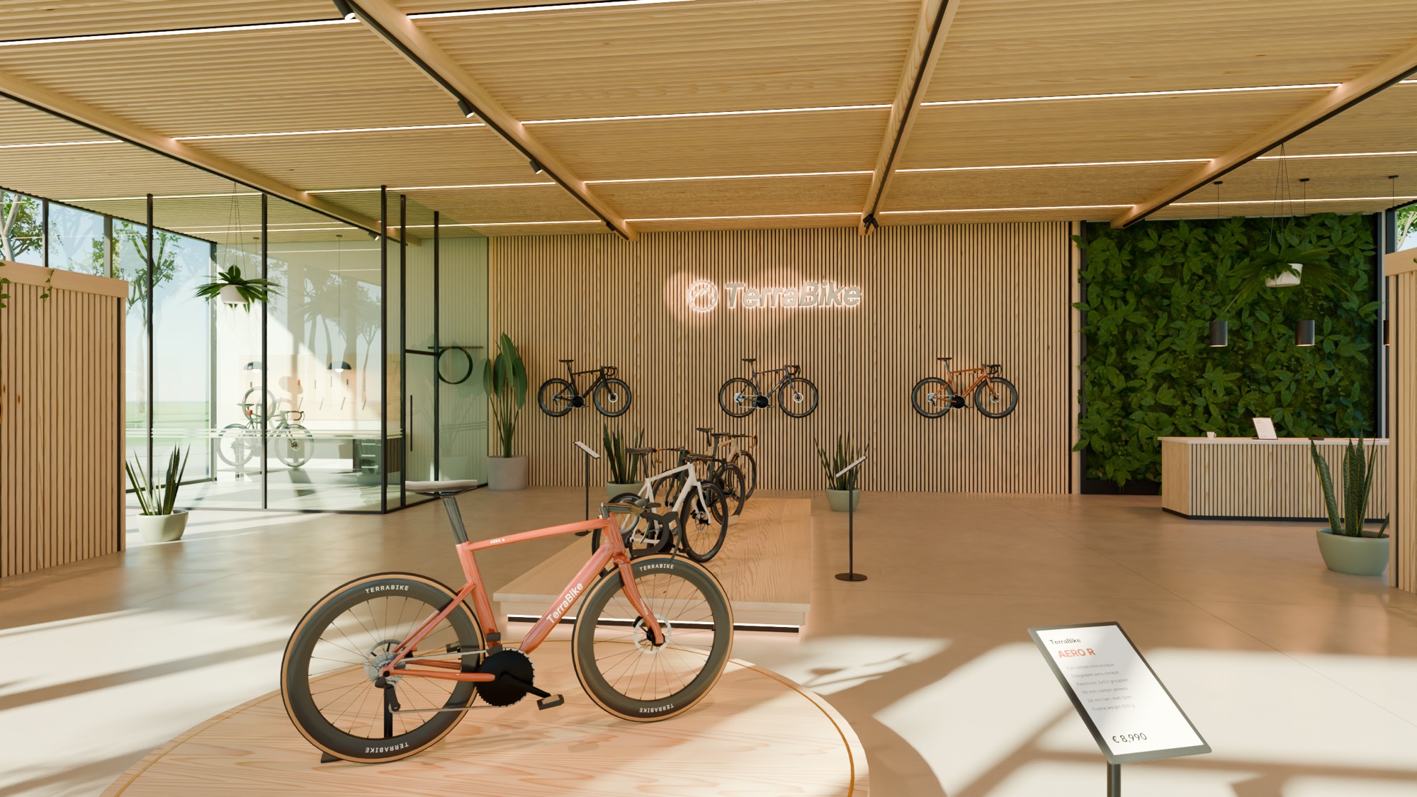 A bright retail bicycle showroom with timber slat walls, a living plant wall, and an orange road bike on a display plinth, generated by Terra3D.