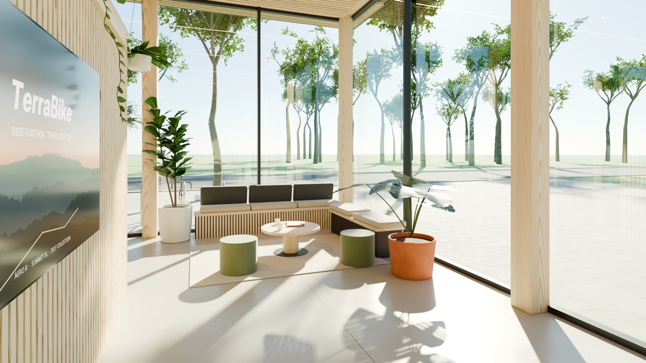 A sunlit lounge corner with slatted bench seating, stools, and floor-to-ceiling glass.